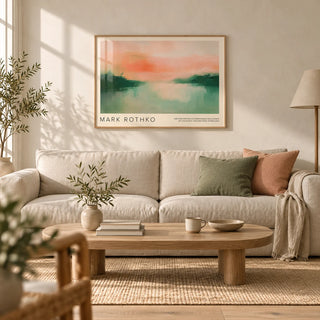 Mark Rothko Poster, framed on the wall of a calm Japandi living room with a warm white limewashed wall and a pale oak floor