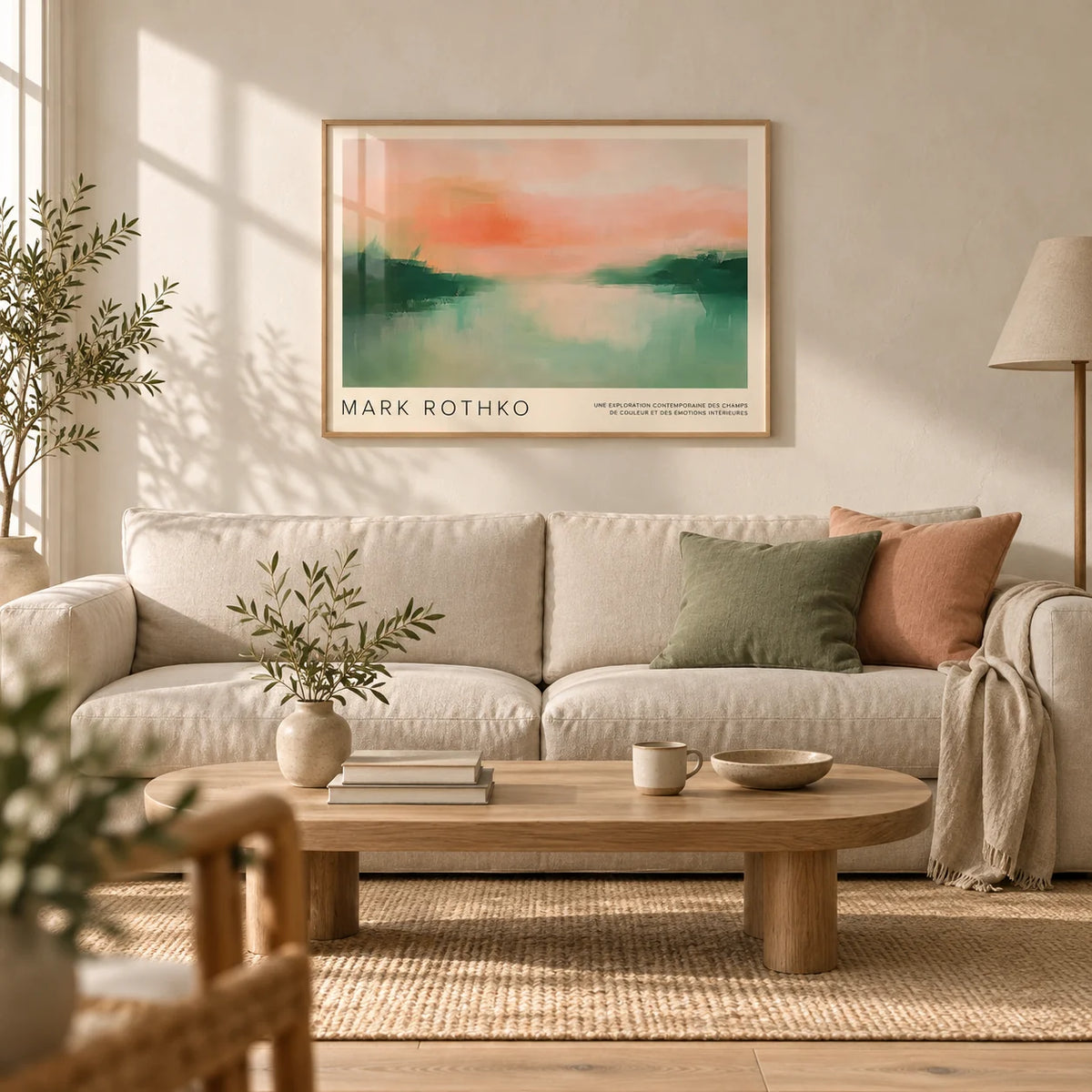 Mark Rothko Poster, framed on the wall of a calm Japandi living room with a warm white limewashed wall and a pale oak floor