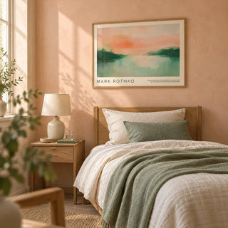 Mark Rothko Poster, framed on the wall of a quiet single guest bedroom with a soft peach limewashed wall