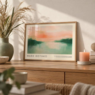 Mark Rothko Poster, a small A4 framed print leaning on a low oak sideboard in a living room