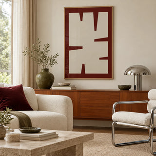 Maroon Wall Art, framed on the wall of a mid-century living room