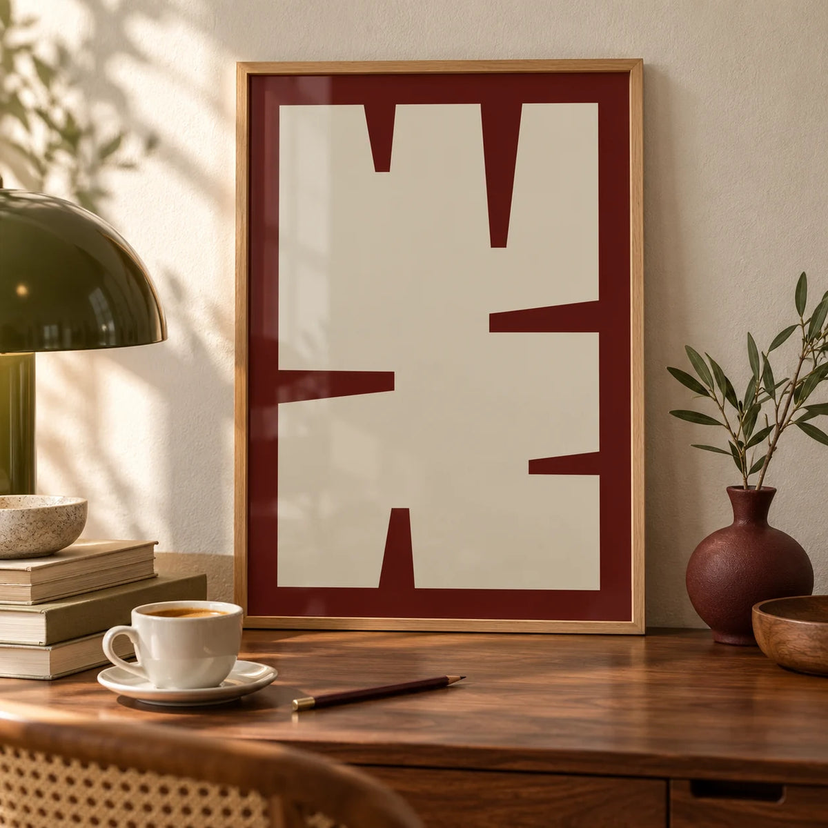 Maroon Wall Art, a small A4 framed print leaning on a walnut sideboard in a living room