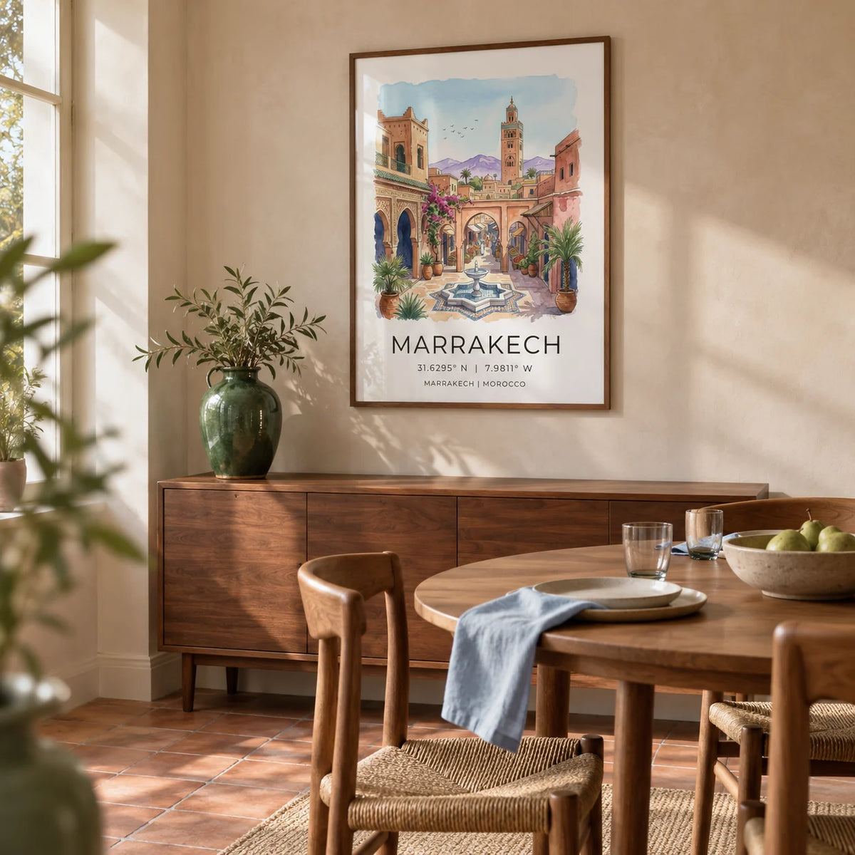 Marrakech Landscape Wall Art, framed on the wall of a characterful dining room in a renovated UK terrace with pale sand plaster walls and a terracotta floor