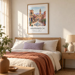 Marrakech Landscape Wall Art, framed on the wall of a restful bedroom in a UK terraced home with warm white plaster walls and a simple oak double bed