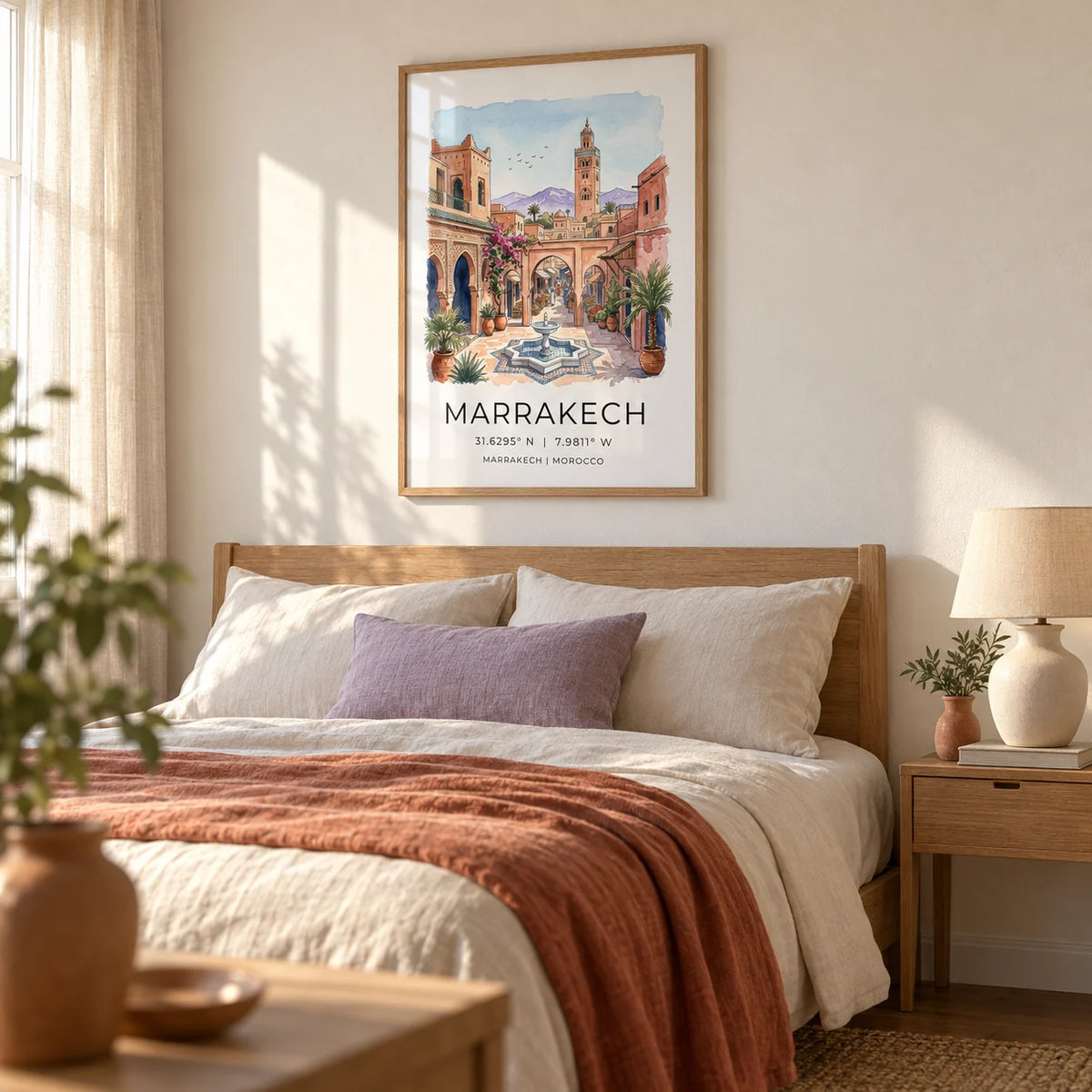 Marrakech Landscape Wall Art, framed on the wall of a restful bedroom in a UK terraced home with warm white plaster walls and a simple oak double bed