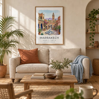 Marrakech Landscape Wall Art, framed on the wall of a warm living room in a UK Victorian terrace with cream limewashed walls