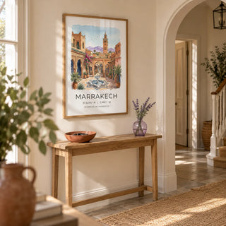 Marrakech Landscape Wall Art, framed on the wall of a welcoming hallway in a UK townhouse with warm ivory walls