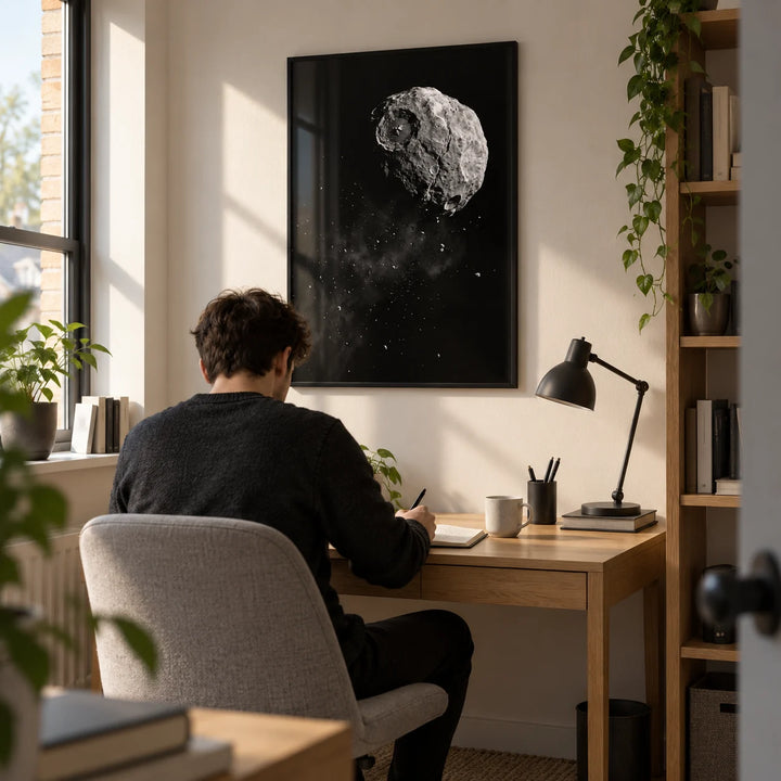 Mars Art, framed on the wall of a compact home study in a young adult's UK flat with a warm white wall and simple oak shelving