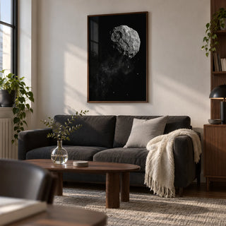 Mars Art, framed on the wall of a design-led living room in a first flat for a space enthusiast aged 22-28