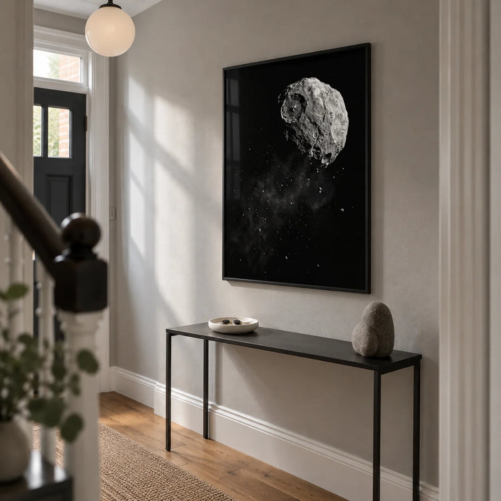 Mars Art, framed on the wall of a narrow hallway in a contemporary UK terrace with a soft grey wall and warm timber floor