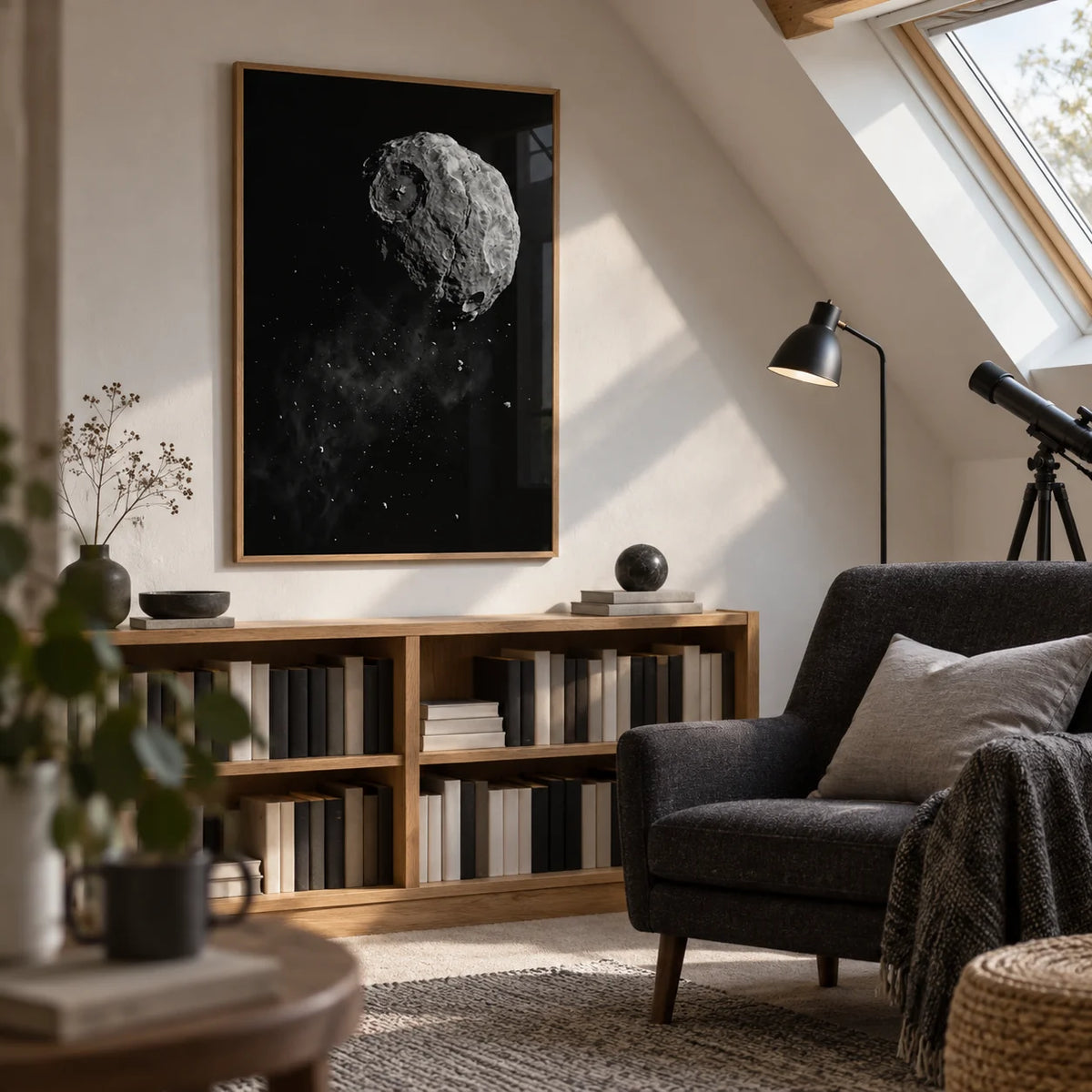 Mars Art, framed on the wall of a quiet attic reading room in a UK home with a sloping ceiling in a living room