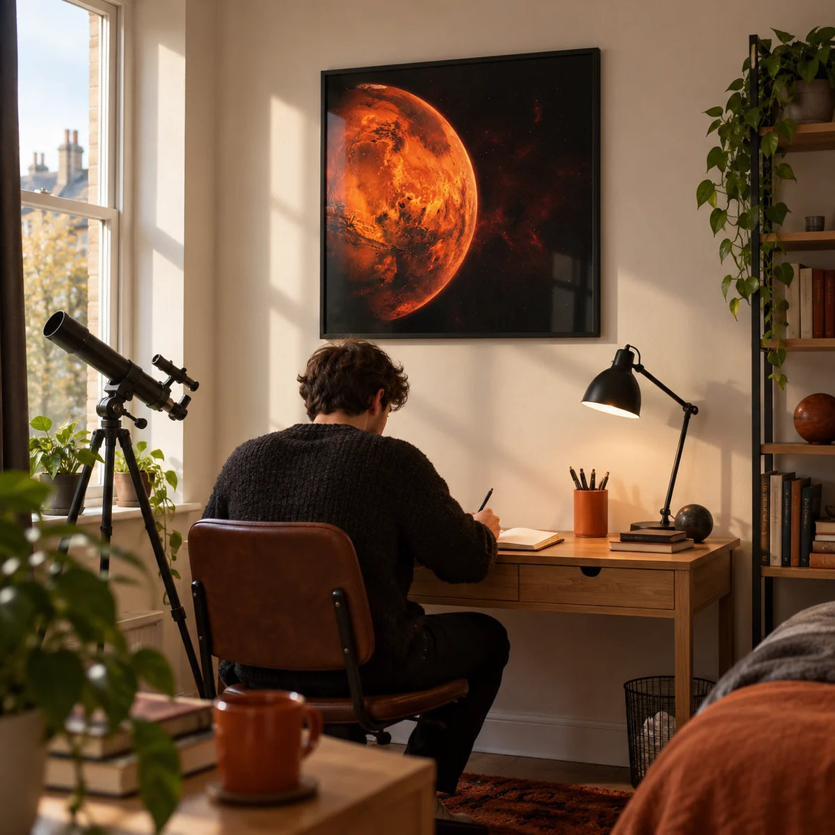 Mars Wall Art, framed on the wall of a compact astronomy enthusiast's study in a UK first flat (22-28)