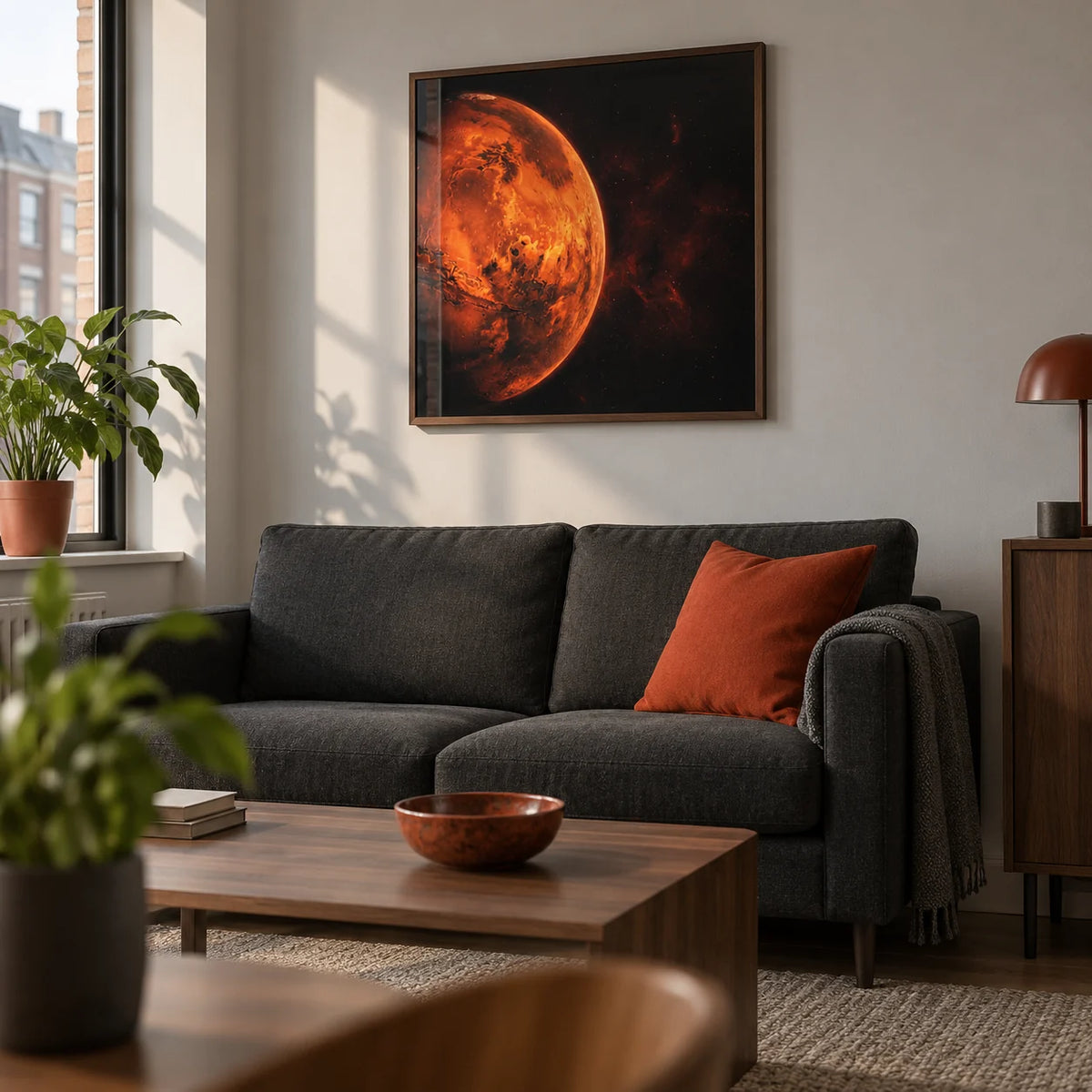 Mars Wall Art, framed on the wall of a modern living room in a young adult's UK city flat