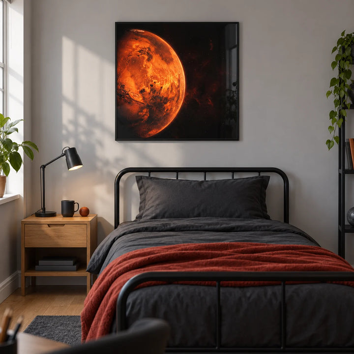 Mars Wall Art, framed on the wall of a modern single bedroom for a space enthusiast aged 13-17 in a UK family home