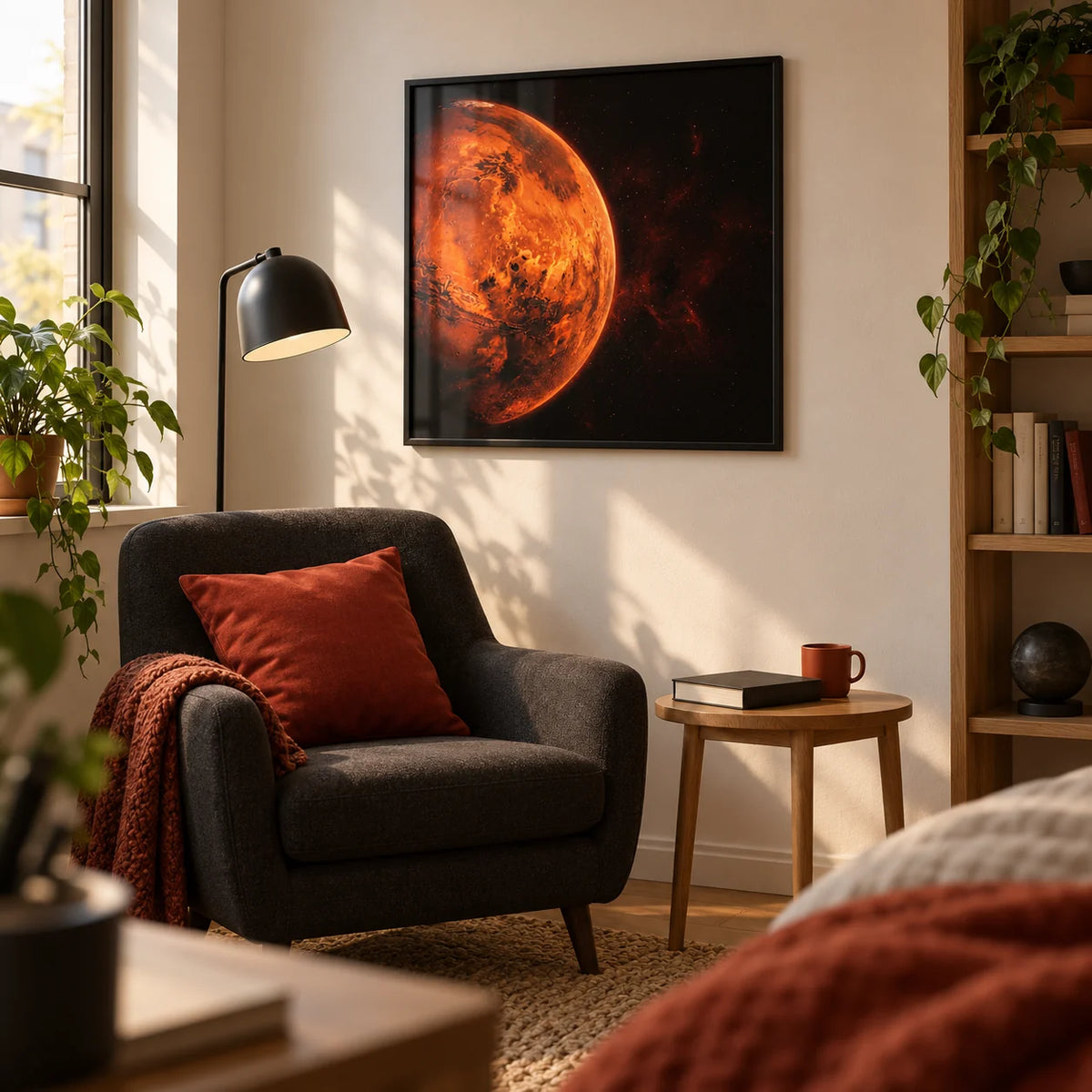 Mars Wall Art, framed on the wall of a quiet reading corner in a university student's room (18-21) in a living room
