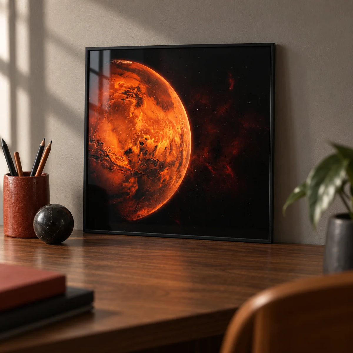 Mars Wall Art, a small A4 framed print leaning on a walnut desk