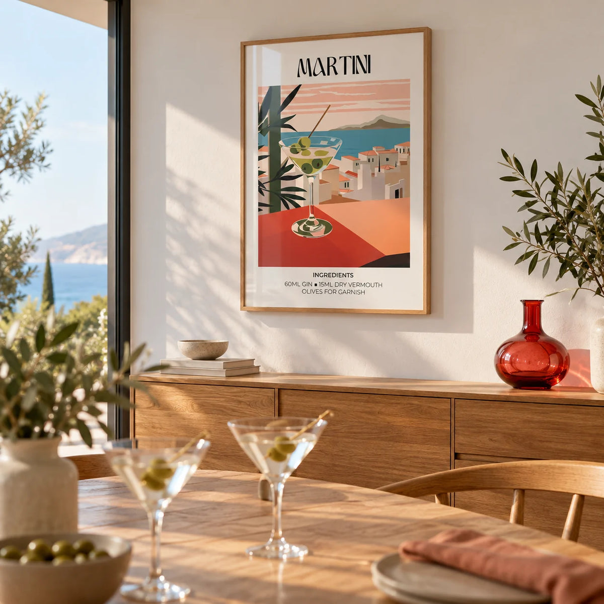 Martini Poster, framed on the wall of a bright dining room with a white wall and big windows
