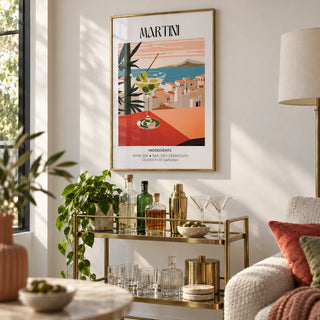 Martini Poster, framed on the wall of a bright living room corner with a white wall