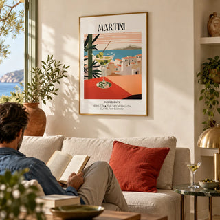 Martini Poster, framed on the wall of a Riviera-style living room with a warm white wall