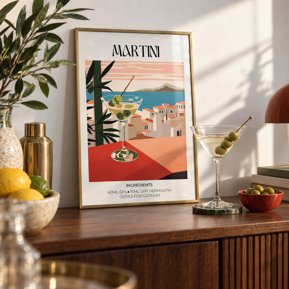 Martini Poster, a small A4 framed print leaning on a walnut bar shelf in a living room