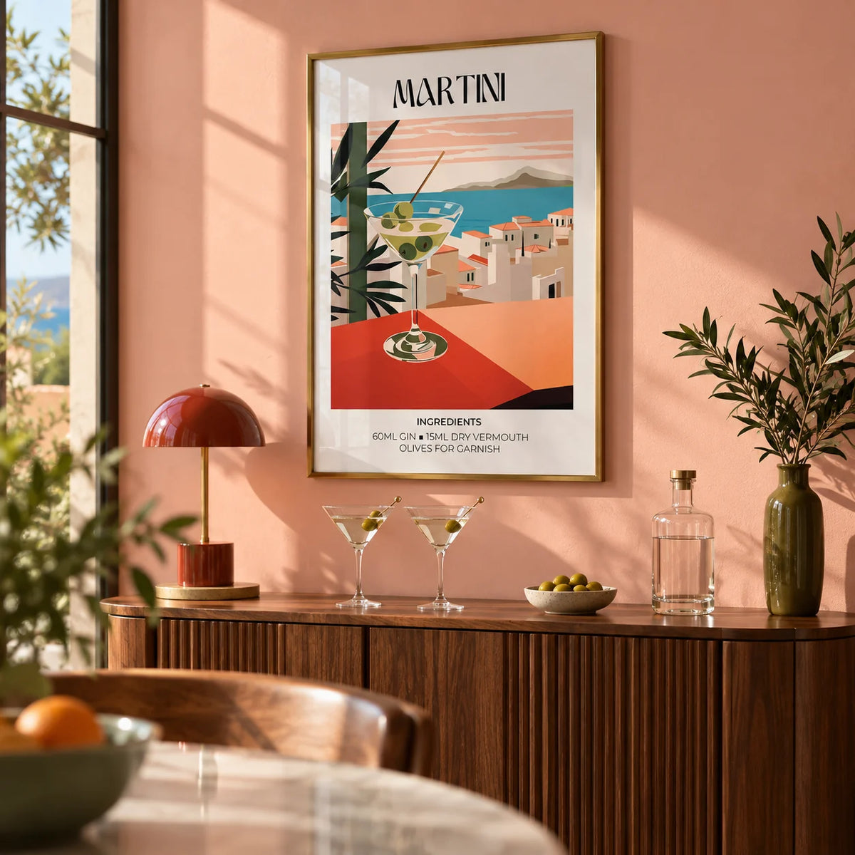 Martini Poster, framed on the wall of a stylish home bar corner with a peach pink wall in a living room