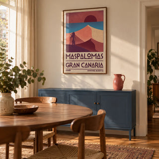 Maspalomas Vintage Wall Art, framed on the wall of a characterful dining room in a UK terrace with warm ivory walls and honey-toned floorboards