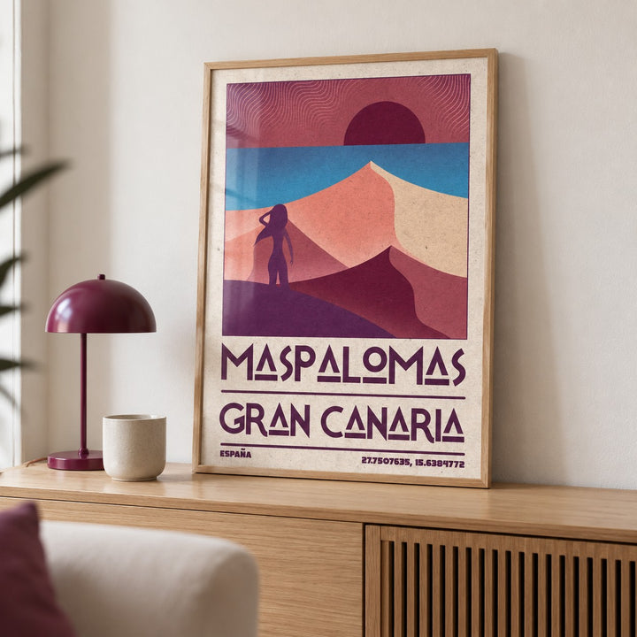 Maspalomas Vintage Wall Art shown in a living room, leaning on an oak console (frame not included)