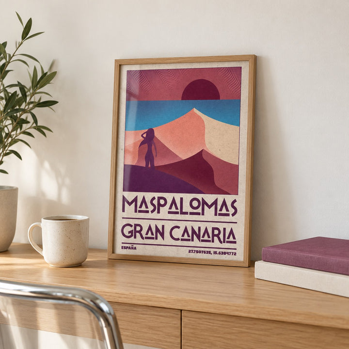 Maspalomas Vintage Wall Art shown in the small A4 size on a side table (frame not included)