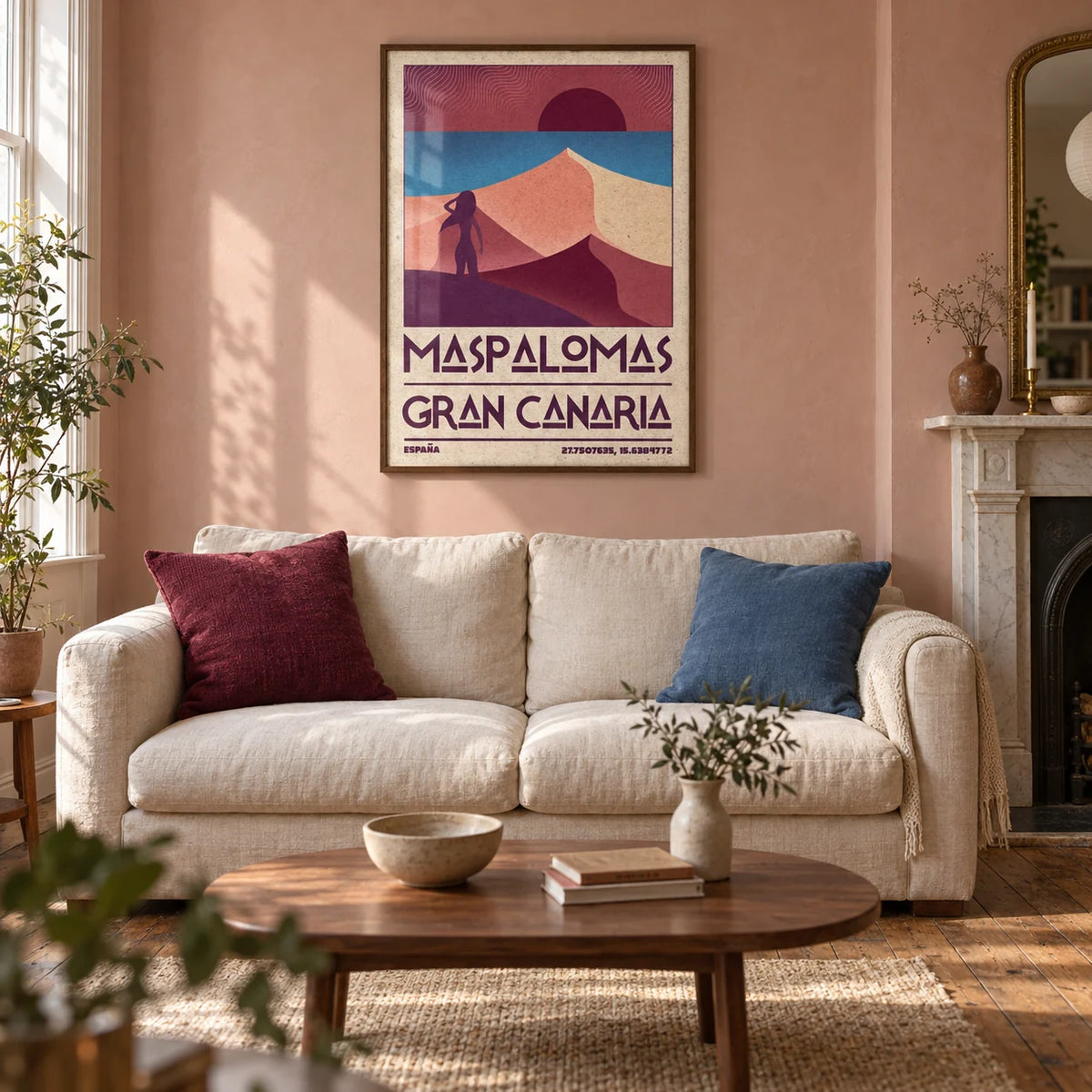 Maspalomas Vintage Wall Art, framed on the wall of a warm living room in a UK Victorian terrace with pale rose plaster walls