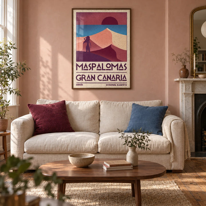 Maspalomas Vintage Wall Art, framed on the wall of a warm living room in a UK Victorian terrace with pale rose plaster walls