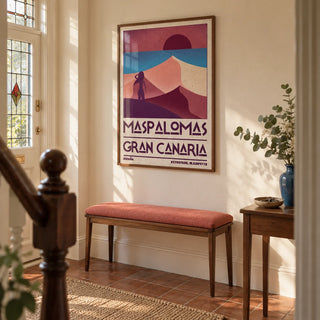 Maspalomas Vintage Wall Art, framed on the wall of a welcoming hallway in a UK Edwardian house with warm cream walls and a terracotta floor