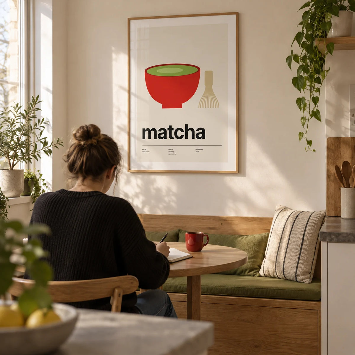 Matcha Poster, framed on the wall of a compact kitchen breakfast nook in a UK city flat with a cream wall and a built-in oak bench