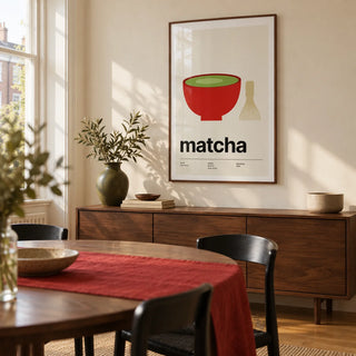 Matcha Poster, framed on the wall of a crisp dining room in a renovated UK terrace with warm cream walls and an oak floor