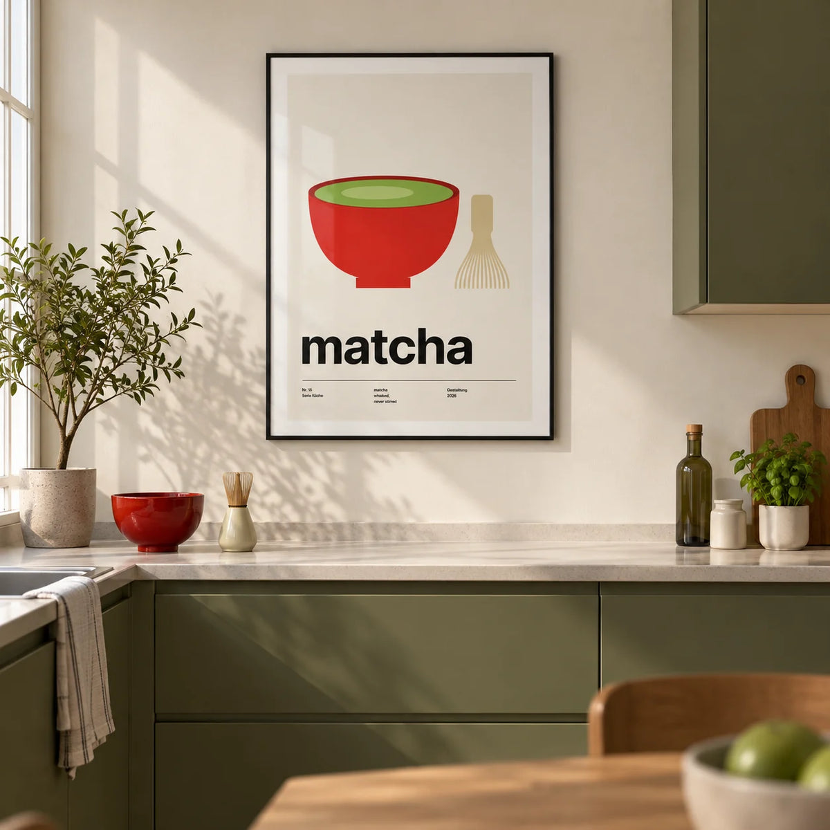 Matcha Poster, framed on the wall of a modern kitchen in a UK first flat (22-28)