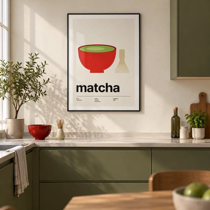 Matcha Poster, framed on the wall of a modern kitchen in a UK first flat (22-28)