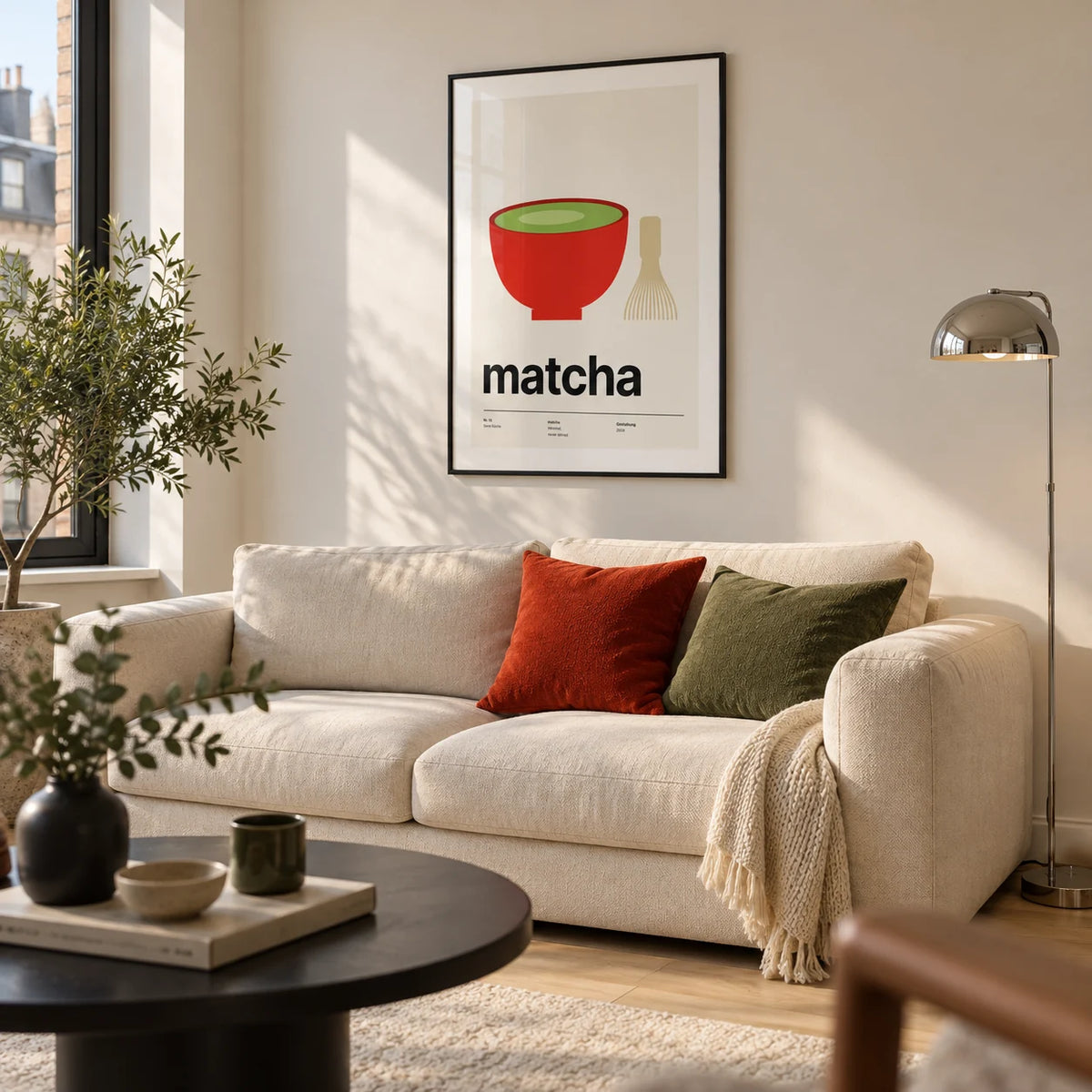 Matcha Poster, framed on the wall of a modern living room in a UK apartment with a warm white wall