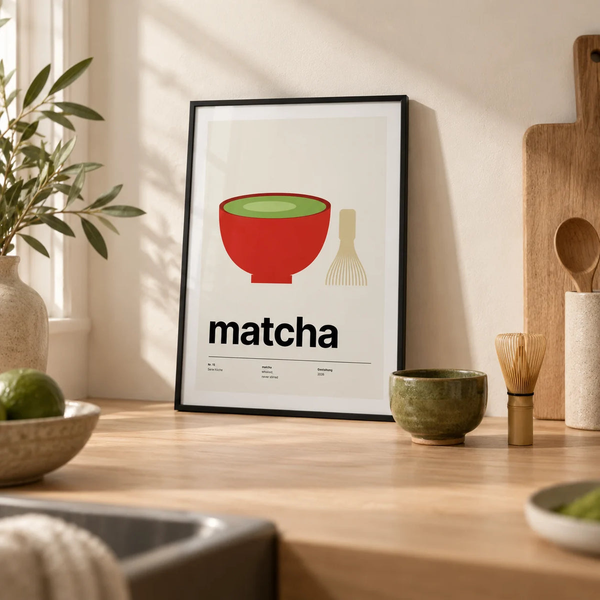 Matcha Poster, a small A4 framed print leaning on a pale oak kitchen worktop