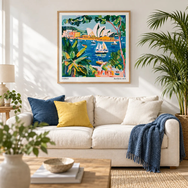 Matisse Art for Sale, framed on the wall of a bright relaxed coastal living room with a crisp white wall and a pale oak floor