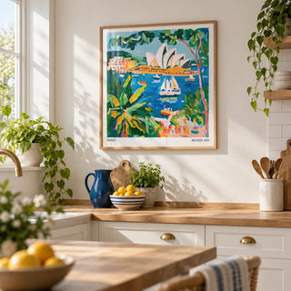 Matisse Art for Sale, framed on the wall of a bright white kitchen with an oak worktop