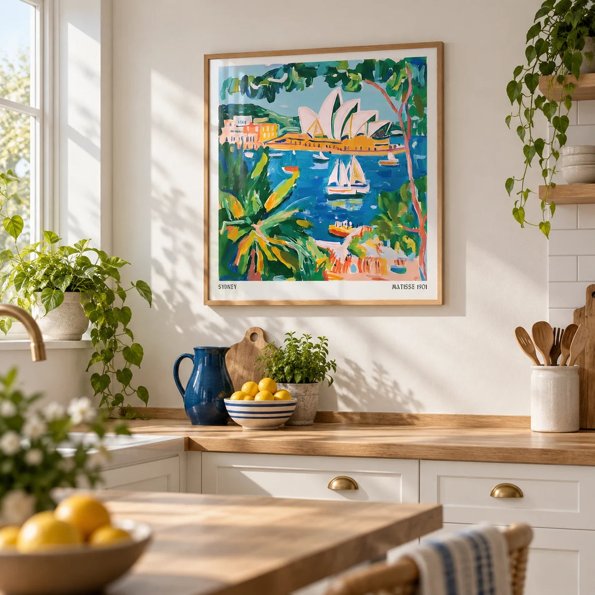 Matisse Art for Sale, framed on the wall of a bright white kitchen with an oak worktop