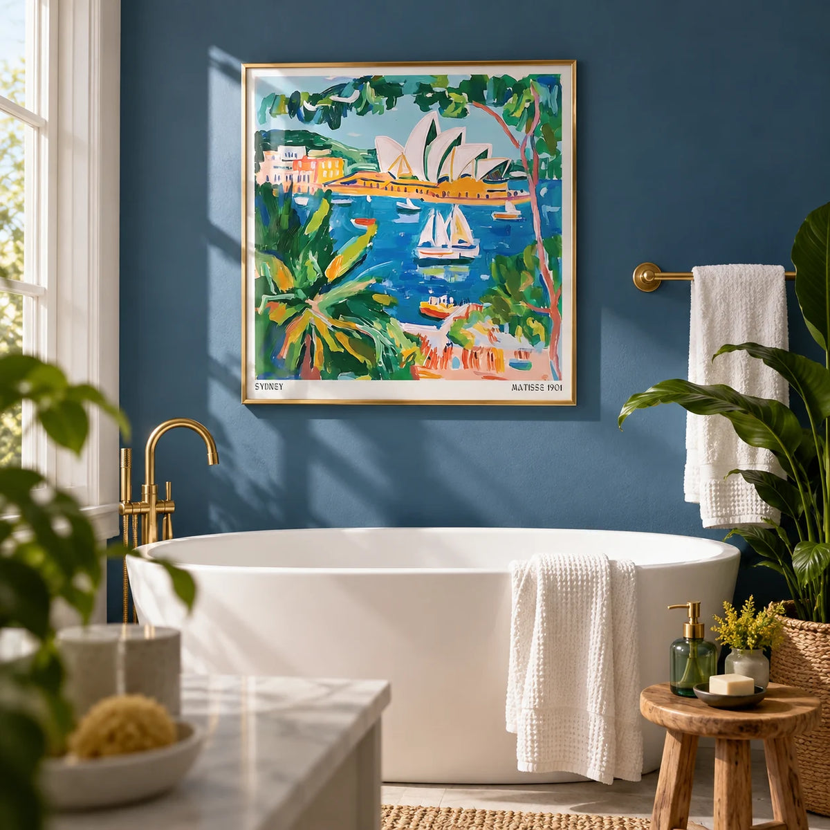 Matisse Art for Sale, framed on the wall of a fresh bathroom with a harbour blue painted wall and a white freestanding bath