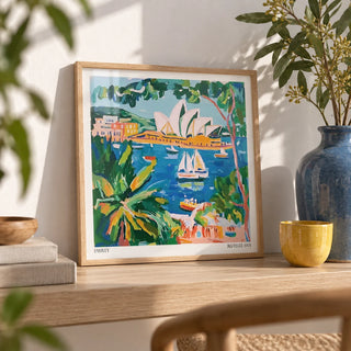 Matisse Art for Sale, a small A4 framed print leaning on a pale oak shelf in a living room