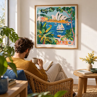 Matisse Art for Sale, framed on the wall of a sunny reading corner with a white wall in a living room