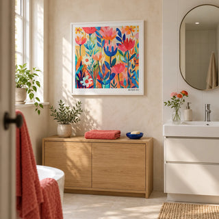 Matisse Exhibition Poster, framed on the wall of a contemporary bathroom in a UK home with a dry pale plaster wall and plain white tiles elsewhere