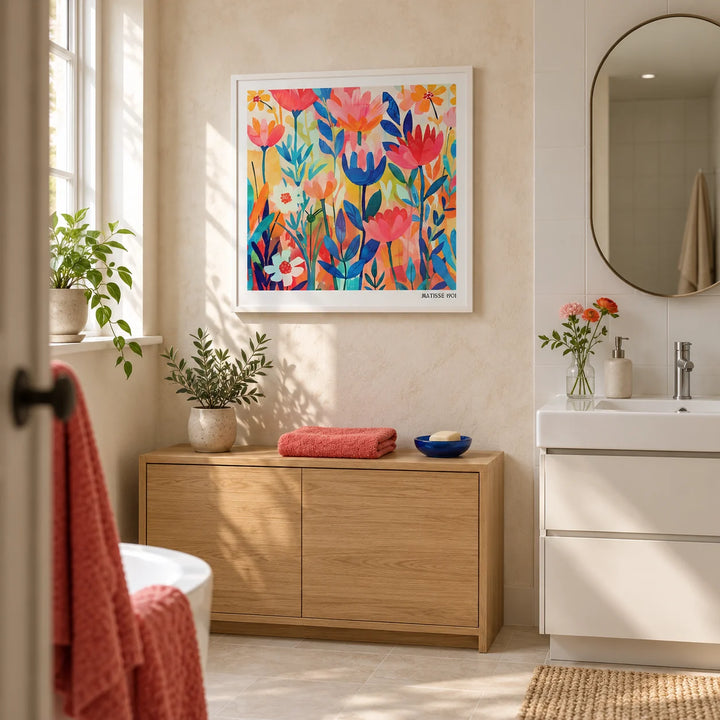 Matisse Exhibition Poster, framed on the wall of a contemporary bathroom in a UK home with a dry pale plaster wall and plain white tiles elsewhere