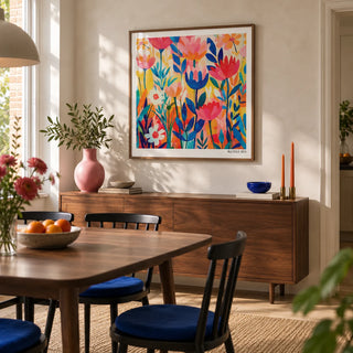 Matisse Exhibition Poster, framed on the wall of a design-led dining room in a renovated UK terrace with pale plaster walls