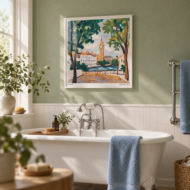 Matisse Prints for Sale, framed on the wall of a calm bathroom with a soft sage green plaster wall and plain white tiles below