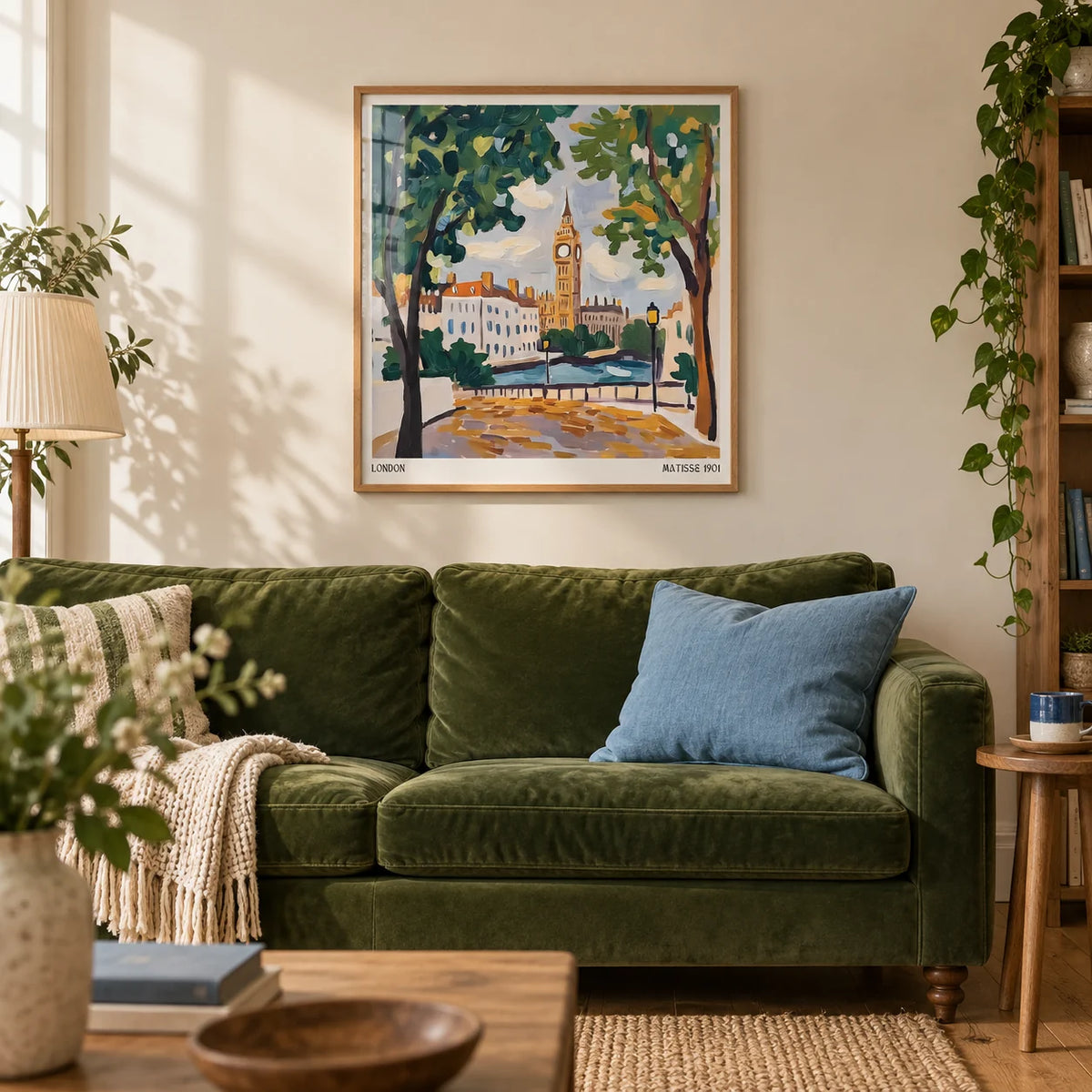 Matisse Prints for Sale, framed on the wall of a characterful London flat living room with a warm cream wall and an oak floor