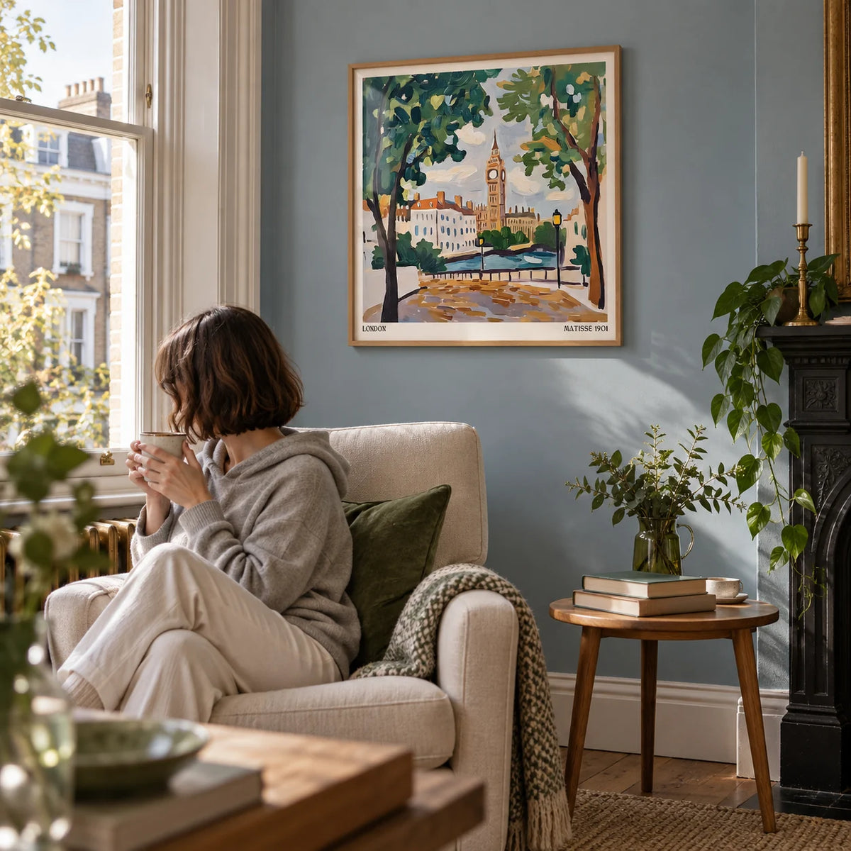Matisse Prints for Sale, framed on the wall of a reading corner in a Victorian flat with a soft blue painted wall in a living room