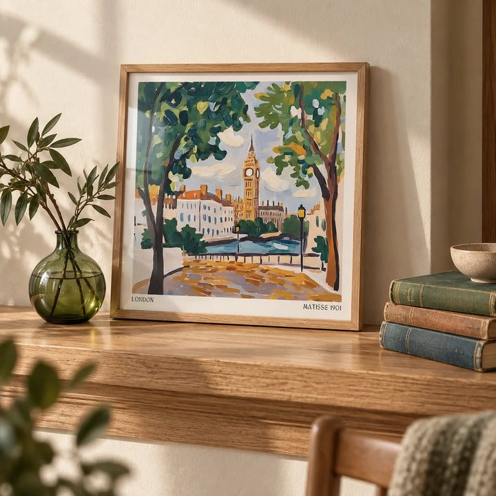 Matisse Prints for Sale, a small A4 framed print leaning on a shelf in a living room